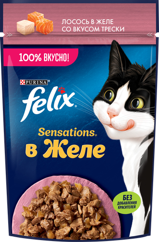Корм влажный для взрослых кошек FELIX Sensations Лосось в желе со вкусом трески, 75г, детальное фото