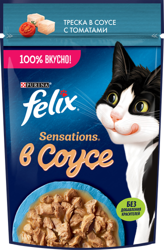 Корм влажный для взрослых кошек FELIX Sensations Треска в соусе с томатами, 75г, фото