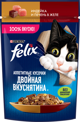 Корм влажный для взрослых кошек FELIX Двойная вкуснятина Индейка и печень в желе, 75г, фотография