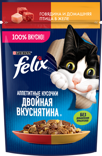 Корм влажный для взрослых кошек FELIX Двойная вкуснятина Говядина и домашняя птица в желе, 75г, крупный план