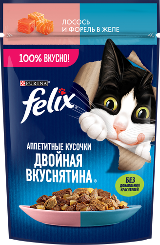 Корм влажный для взрослых кошек FELIX Двойная вкуснятина Лосось и форель в желе, 75г, изображение