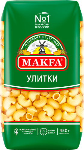 Макароны MAKFA Улитки высший сорт, 450г, крупный план