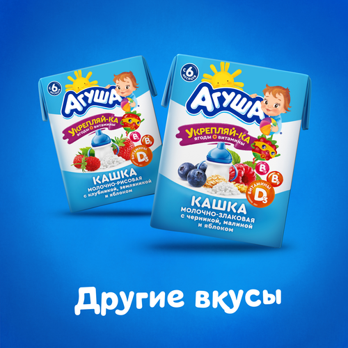 Каша злаковая детская АГУША Укрепляй-ка, молочная с черникой, малиной и яблоком 2,7%, с 6 месяцев, 200мл, картинка