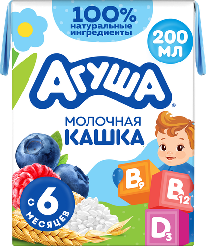 Каша злаковая детская АГУША Укрепляй-ка, молочная с черникой, малиной и яблоком 2,7%, с 6 месяцев, 200мл, крупный план