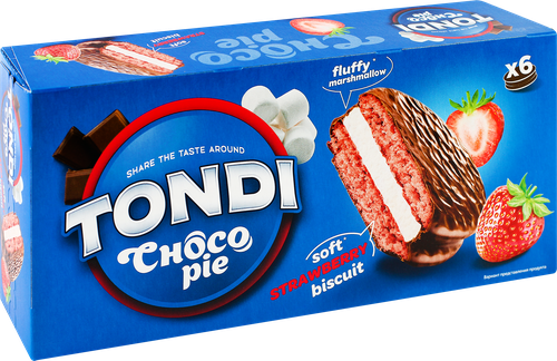 Печенье TONDI Choco Pie клубничное, глазированное, 180г, картинка