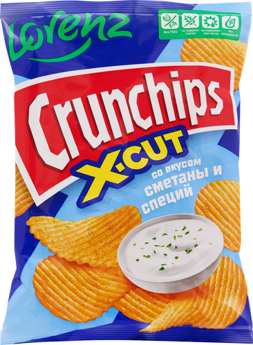 Чипсы картофельные LORENZ Crunchips X-Cut рифленые, со вкусом сметаны и специй, 70г, крупный план