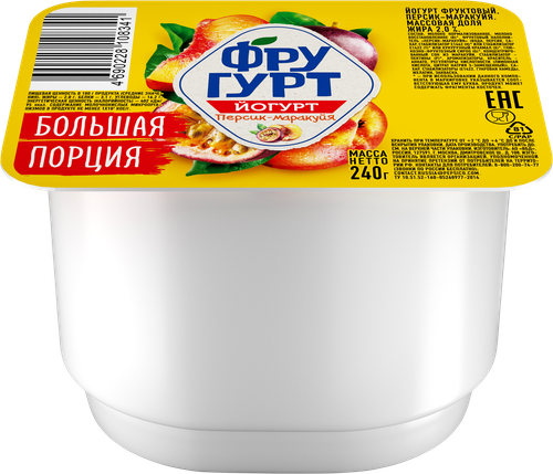 Йогурт ФРУГУРТ Персик, маракуйя 2%, без змж, 240г, детальное фото