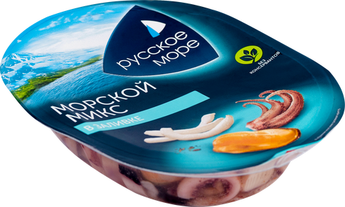 Коктейль из морепродуктов РУССКОЕ МОРЕ Морской микс, в заливке, 180г, крупный план