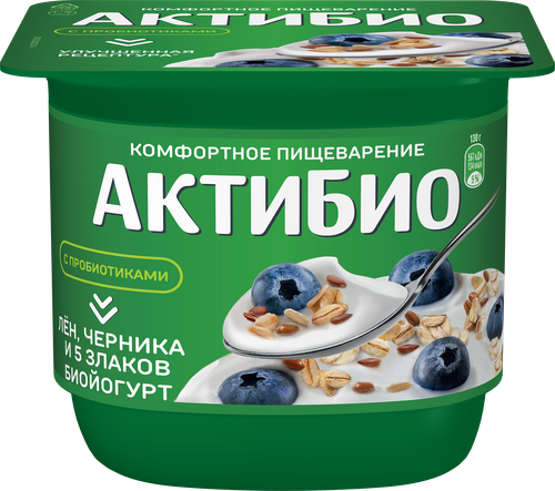 Биойогурт АКТИБИО Черника, 5 злаков, лен 3%, без змж, 130г, фото
