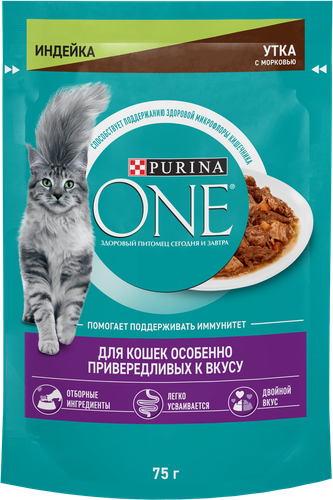 Корм консервированный для кошек PURINA ONE с уткой и индейкой, для особенно привередливых к вкусу, 75г, фото