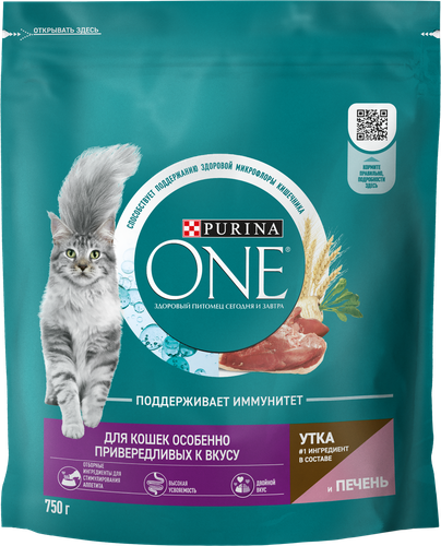 Корм сухой для кошек PURINA ONE с уткой и печенью, для привередливых к вкусу, 750г, фотография