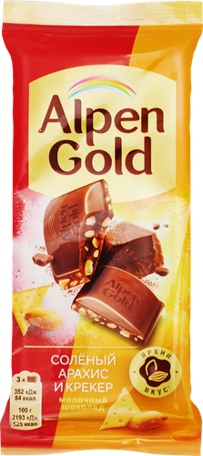 Шоколад молочный ALPEN GOLD с соленым арахисом и крекером, 80г, детальное фото