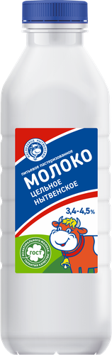Молоко пастеризованное МЗ НЫТВЕНСКИЙ цельное 3,4–4,5%, без змж, 800мл, крупный план