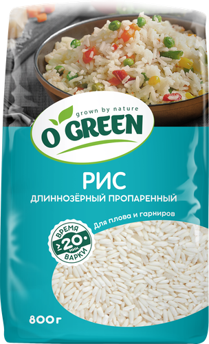 Рис длиннозерный O`GREEN пропаренный шлифованный, 800г, детальное фото