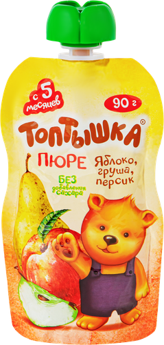 Пюре ТОПТЫШКА Яблоко, груша и персик, с 5 месяцев, 90г, крупный план