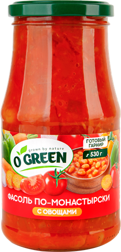 Фасоль O`GREEN По-монастырски, с овощами, 530г, крупный план