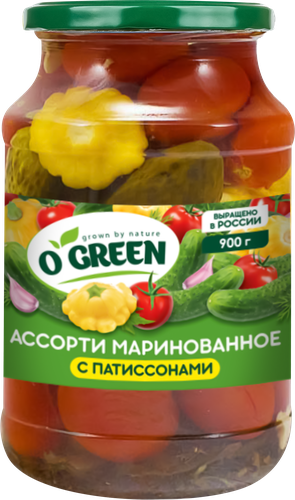 Ассорти маринованное O`GREEN Патиссоны, томаты черри и огурцы, 900г, крупный план
