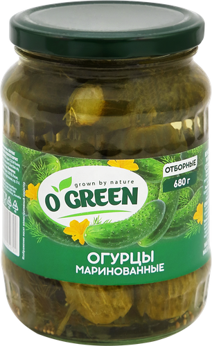 Огурцы маринованные O`GREEN 6–9см, с/б 680г., вид