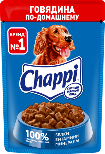 Корм консервированный для взрослых собак CHAPPI Сытный мясной обед Говядина по-домашнему, для всех пород, 85г, крупный план