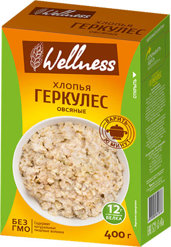 Хлопья овсяные WELLNESS Геркулес, 400г, изображение