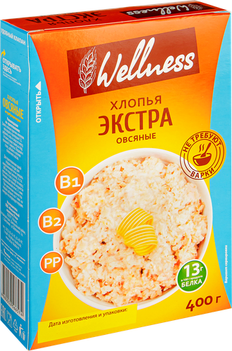 Хлопья овсяные WELLNESS Экстра, без варки, 400г, фото