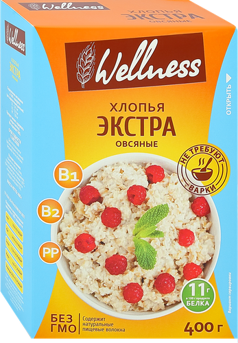 Хлопья овсяные WELLNESS Экстра, без варки, 400г, крупный план