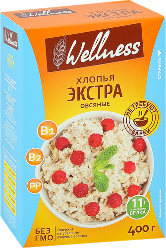 Хлопья овсяные WELLNESS Экстра, без варки, 400г, детальное фото