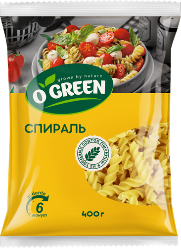 Макаронные изделия O`GREEN Спираль, группа А высший сорт, 400г, крупный план