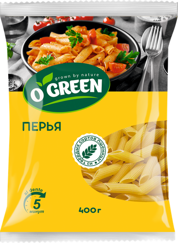 Макаронные изделия O`GREEN Перья, группа А высший сорт, 400г, крупный план