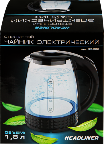 Чайник HEADLINER стеклянный, 1.8л, 1500Вт, крупный план