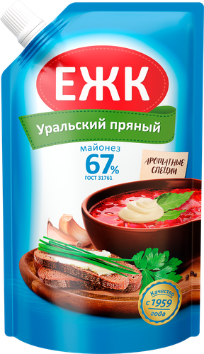 Майонез ЕЖК Провансаль Уральский пряный 67%, 350мл, крупный план