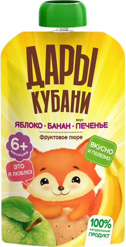 Пюре фруктовое ДАРЫ КУБАНИ Яблоко, банан, печенье, с 6 месяцев, 90г, вид
