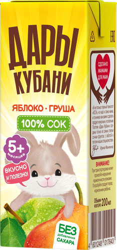 Сок ДАРЫ КУБАНИ Яблоко-груша осветленный, с 5 месяцев, 200мл, фото