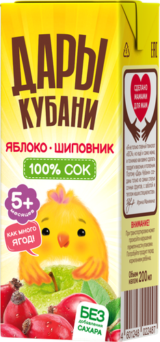 Сок фруктово-ягодный ДАРЫ КУБАНИ Яблоко и шиповник, с 5 месяцев, 200мл, крупный план