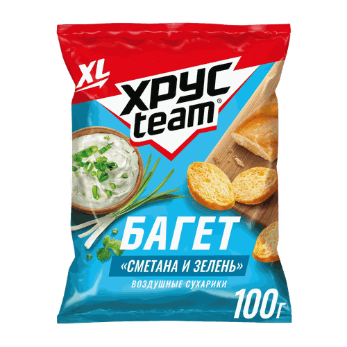 Сухарики воздушные ХРУСTEAM Багет Сметана-зелень, 100г, крупный план