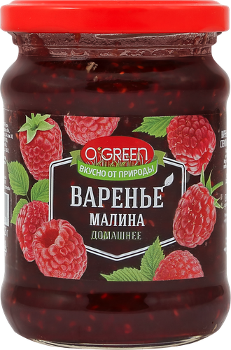 Варенье O`GREEN из малины, 325г, крупный план
