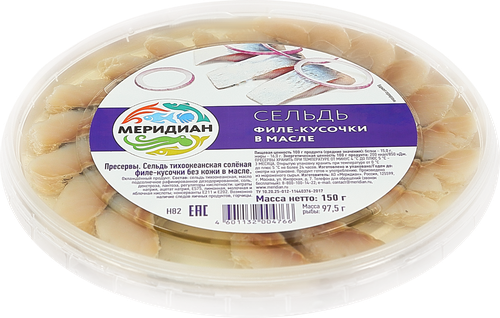 Сельдь МЕРИДИАН филе-кусочки в масле, 150г, изображение