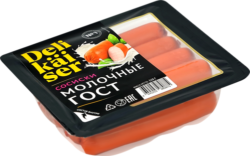 Сосиски DELIKAISER Молочные ГОСТ, 320г, крупный план