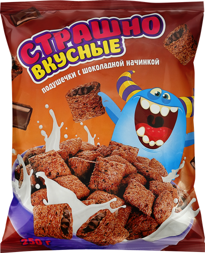 Сухой завтрак СТРАШНО ВКУСНЫЕ Подушечки с шоколадной начинкой, 250г, крупный план