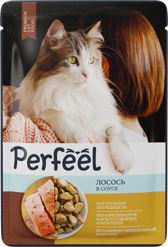 Корм консервированный для взрослых кошек PERFEEL с лососем в соусе, 75г, фото