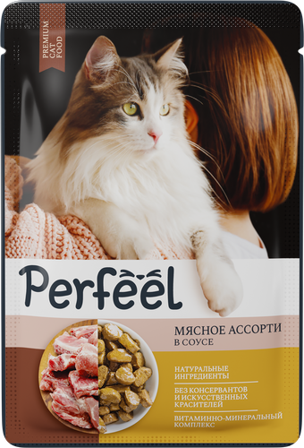 Корм консервированный для взрослых кошек PERFEEL Мясное ассорти в соусе, 75г, изображение