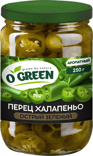 Перец халапеньо маринованный O`GREEN, 250г, крупный план