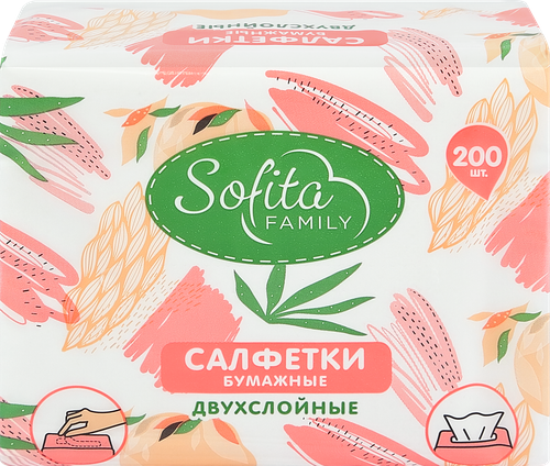 Салфетки бумажные SOFITA Non-stop 2-слоя, 200шт, вид
