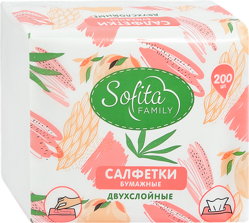Салфетки бумажные SOFITA Non-stop 2-слоя, 200шт, детальное фото