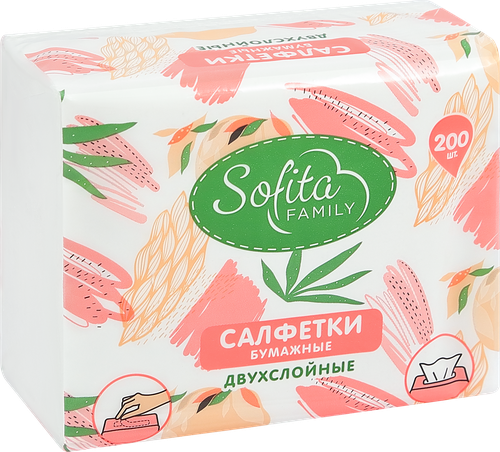 Салфетки бумажные SOFITA Non-stop 2-слоя, 200шт, изображение