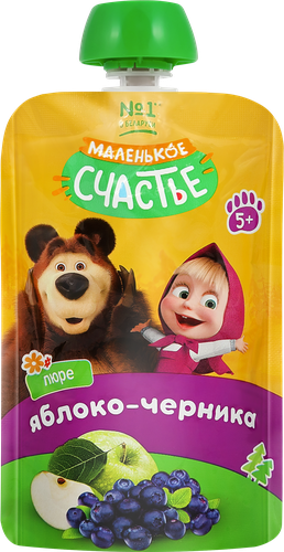 Пюре МАЛЕНЬКОЕ СЧАСТЬЕ Маша и Медведь, Яблоко и черника, с 5 месяцев, 85г, картинка