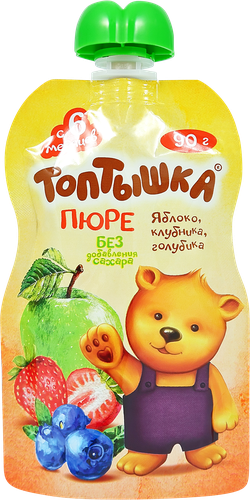 Пюре фруктово-ягодное ТОПТЫШКА Яблоко, клубника и голубика, с 6 месяцев, 90г, крупный план