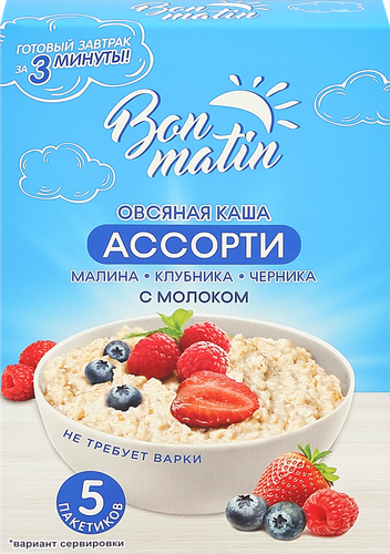 Каша овсяная моментальная с молоком БОН МАТИН Ассорти Малина, клубника, черника, 5х38г, крупный план