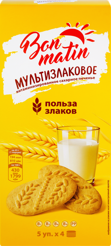 Печенье сахарное BON MATIN мультизлаковое, 225г, фото