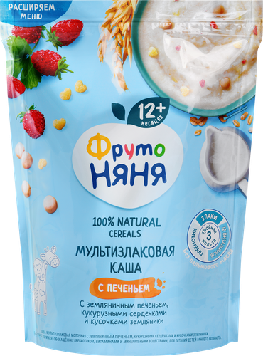 Каша мультизлаковая ФРУТОНЯНЯ молочная, с земляничным печеньем, кукурузными сердечками и кусочками земляники, с 12 месяцев, 200г, крупный план
